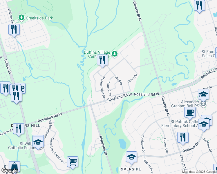 map of restaurants, bars, coffee shops, grocery stores, and more near Chant Crescent in Ajax