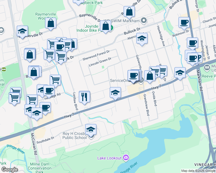 map of restaurants, bars, coffee shops, grocery stores, and more near 1 Sherwood Forest Drive in Markham