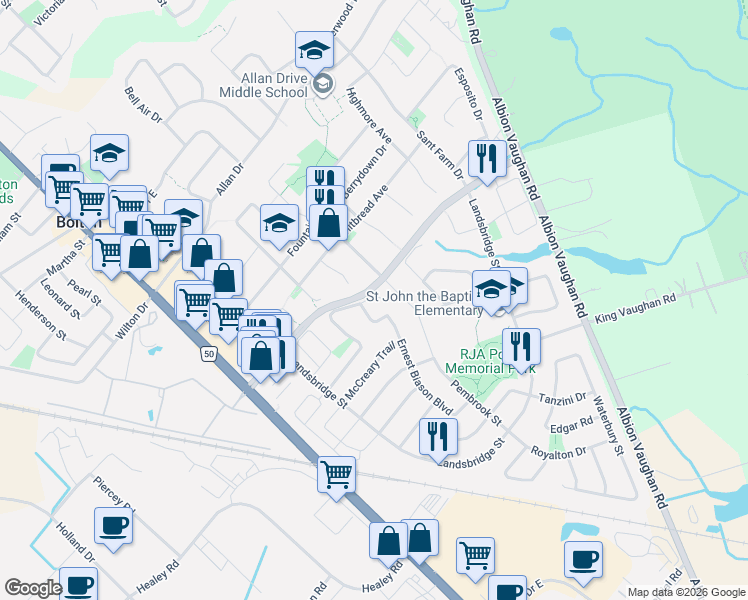 map of restaurants, bars, coffee shops, grocery stores, and more near 8 Richelieu Court in Bolton