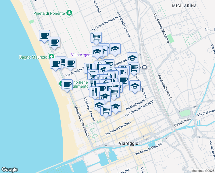 map of restaurants, bars, coffee shops, grocery stores, and more near 188 Via Cesare Battisti in Viareggio