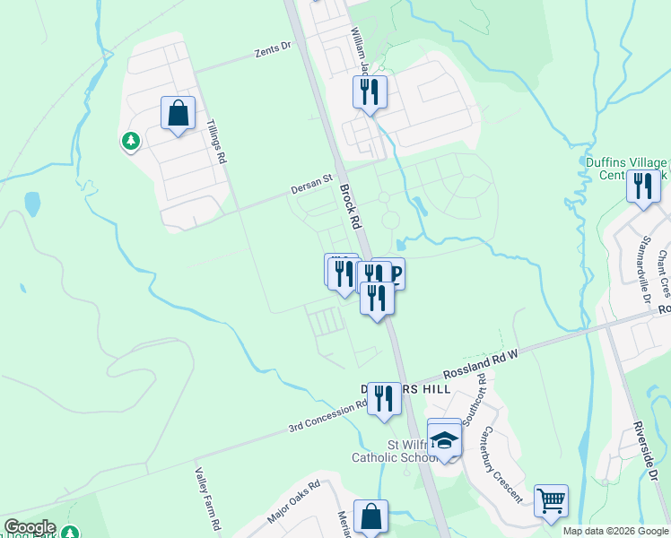 map of restaurants, bars, coffee shops, grocery stores, and more near 2614 Castlegate Crossing in Pickering