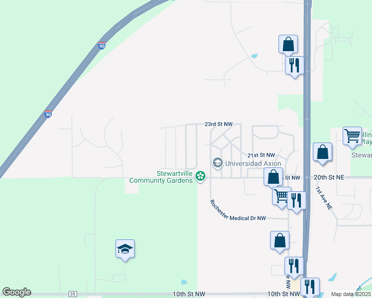 map of restaurants, bars, coffee shops, grocery stores, and more near Nightingale Avenue Northwest in Stewartville