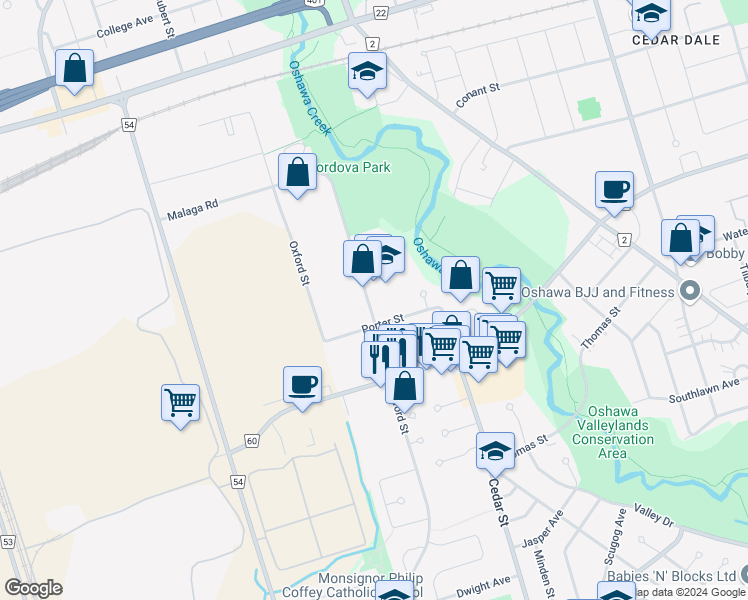 map of restaurants, bars, coffee shops, grocery stores, and more near 957 Glen Street in Oshawa