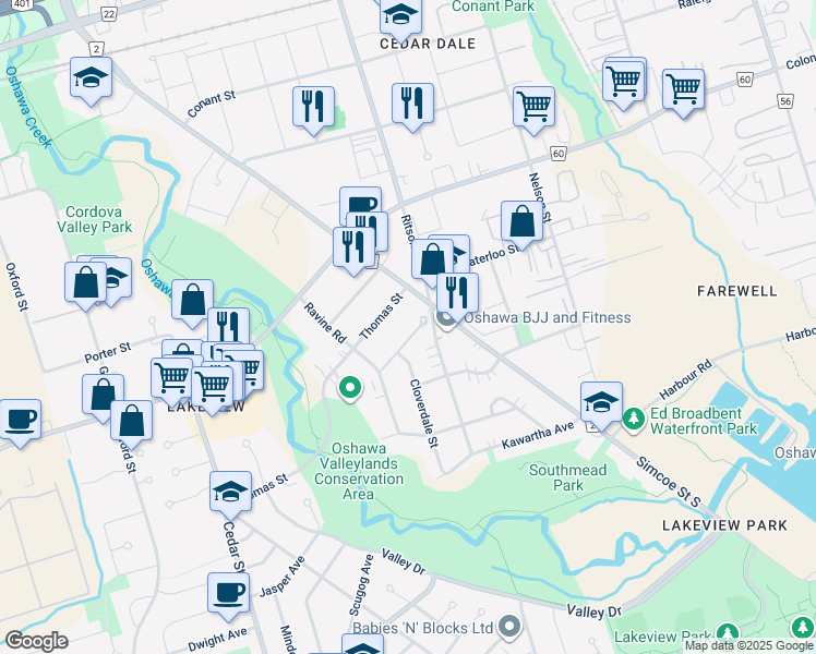 map of restaurants, bars, coffee shops, grocery stores, and more near 28 Grassmere Court in Oshawa