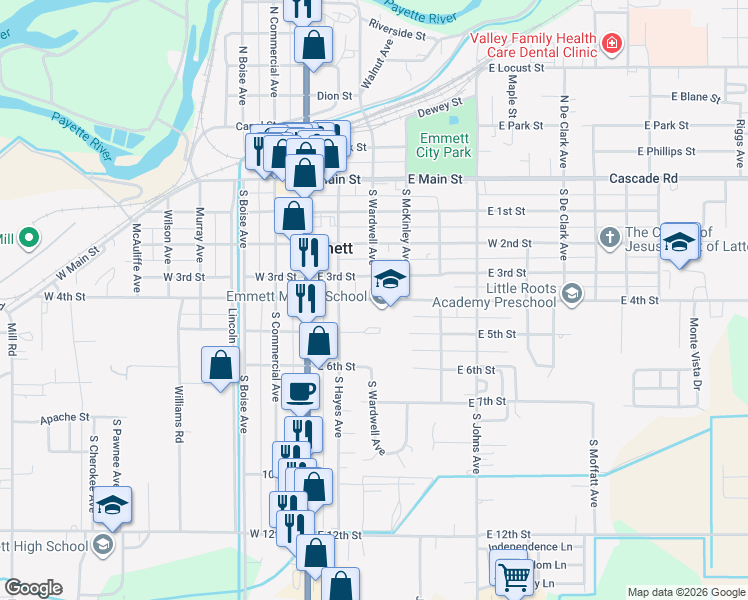 map of restaurants, bars, coffee shops, grocery stores, and more near 301 East 4th Street in Emmett