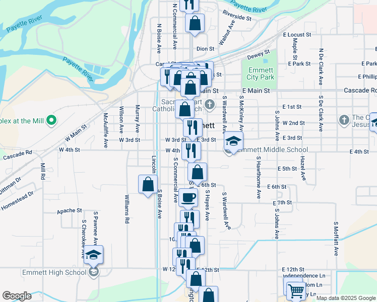map of restaurants, bars, coffee shops, grocery stores, and more near 109 4th Street in Emmett