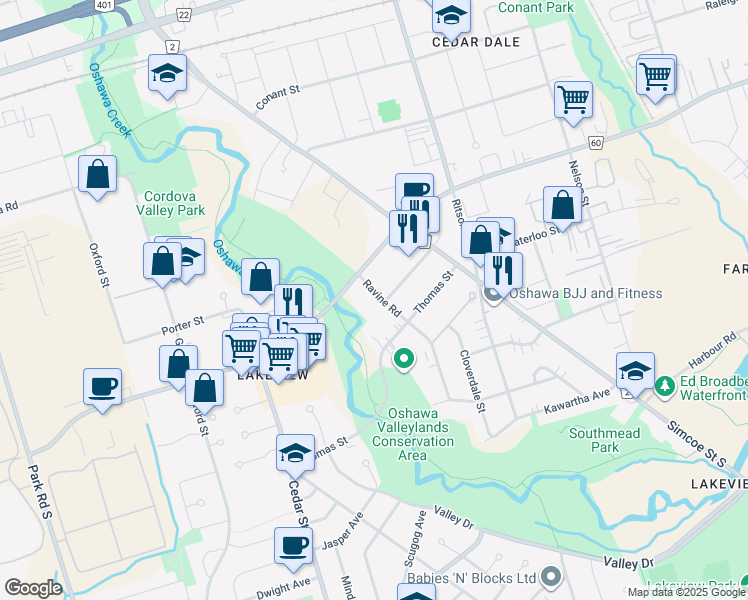 map of restaurants, bars, coffee shops, grocery stores, and more near 1056 Ravine Road in Oshawa