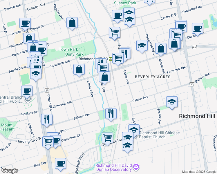 map of restaurants, bars, coffee shops, grocery stores, and more near 175 Cedar Avenue in Richmond Hill