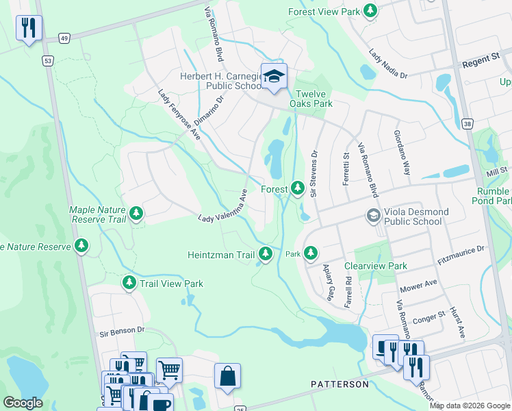 map of restaurants, bars, coffee shops, grocery stores, and more near 6 McCombe Lane in Vaughan