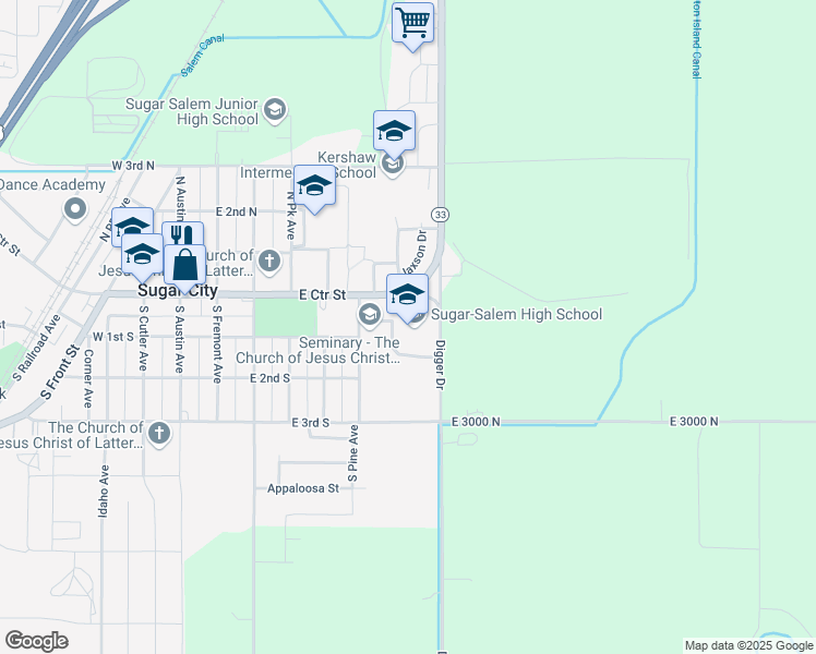map of restaurants, bars, coffee shops, grocery stores, and more near 1 Digger Drive in Sugar City