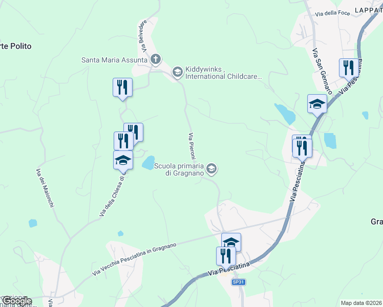 map of restaurants, bars, coffee shops, grocery stores, and more near 19 Via Pieroni in Capannori