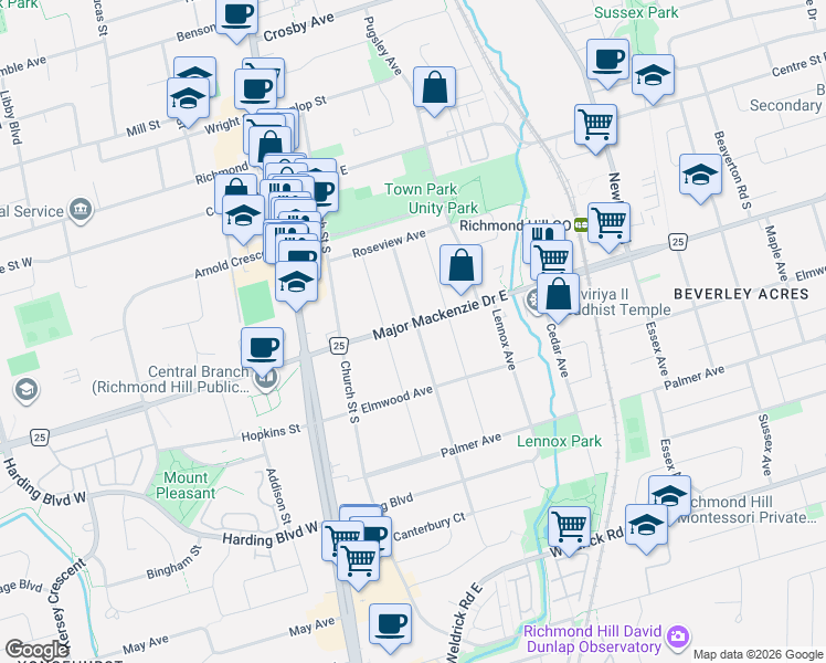 map of restaurants, bars, coffee shops, grocery stores, and more near 129 Major Mackenzie Drive East in Richmond Hill