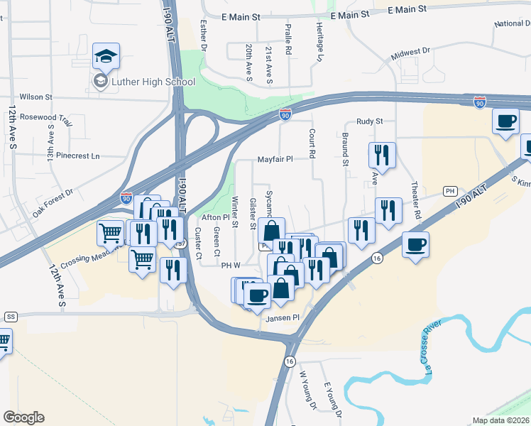 map of restaurants, bars, coffee shops, grocery stores, and more near 478 Sycamore Street in Onalaska