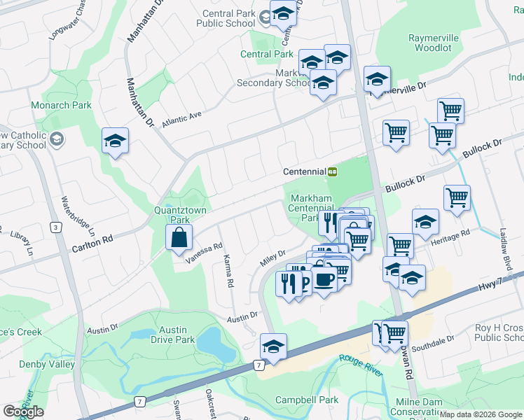map of restaurants, bars, coffee shops, grocery stores, and more near 64 Marlow Crescent in Markham