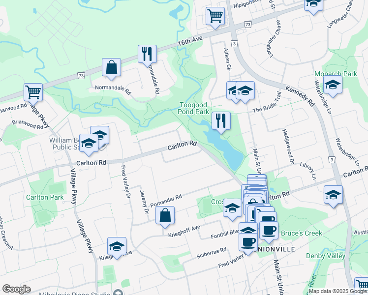 map of restaurants, bars, coffee shops, grocery stores, and more near 209 Carlton Road in Markham