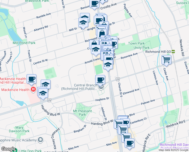 map of restaurants, bars, coffee shops, grocery stores, and more near 66 Major Mackenzie Drive West in Richmond Hill