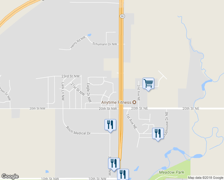 map of restaurants, bars, coffee shops, grocery stores, and more near 2115 Bluebird Terrace Northwest in Stewartville