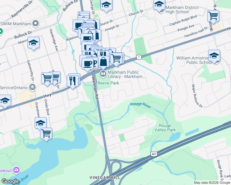 map of restaurants, bars, coffee shops, grocery stores, and more near in Markham