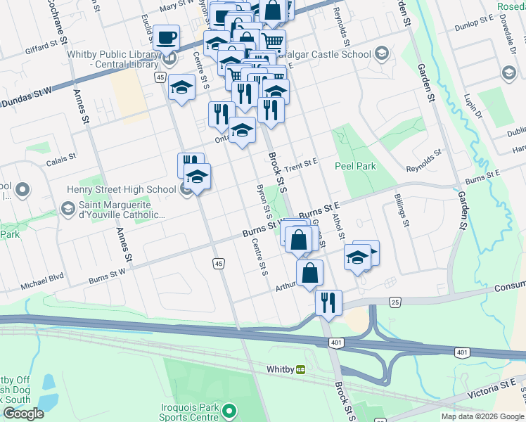map of restaurants, bars, coffee shops, grocery stores, and more near 804 Byron Street South in Whitby