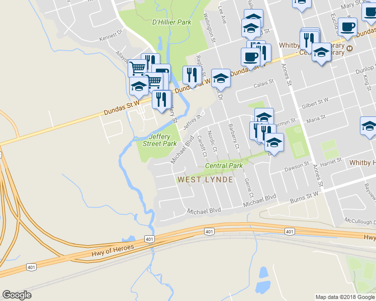 map of restaurants, bars, coffee shops, grocery stores, and more near 2 Belton Court in Whitby