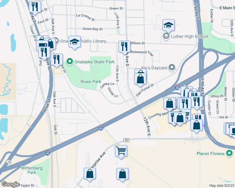 map of restaurants, bars, coffee shops, grocery stores, and more near 1255 Oriole Lane in Onalaska