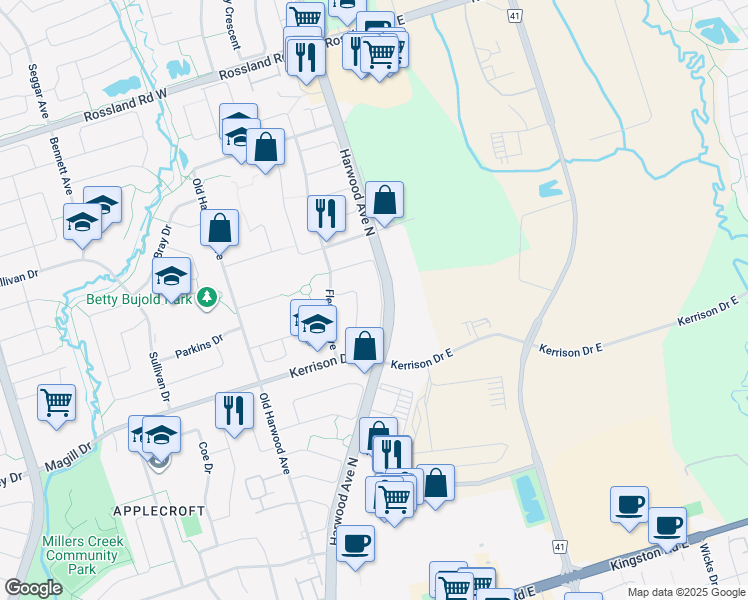 map of restaurants, bars, coffee shops, grocery stores, and more near 76 Monk Crescent in Ajax