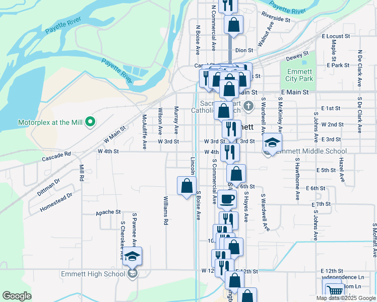 map of restaurants, bars, coffee shops, grocery stores, and more near 411 Lincoln Avenue in Emmett