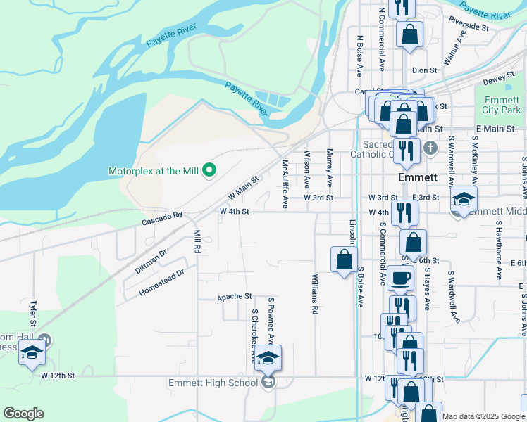 map of restaurants, bars, coffee shops, grocery stores, and more near 602 West 4th Street in Emmett