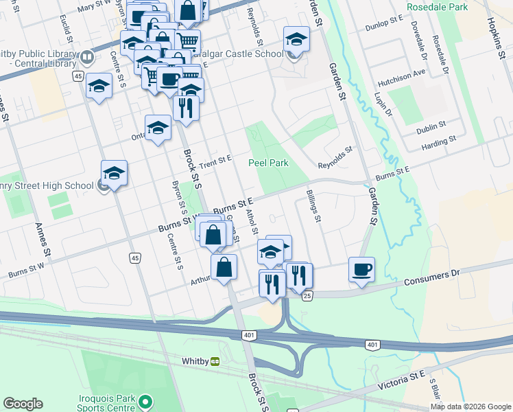 map of restaurants, bars, coffee shops, grocery stores, and more near in Whitby
