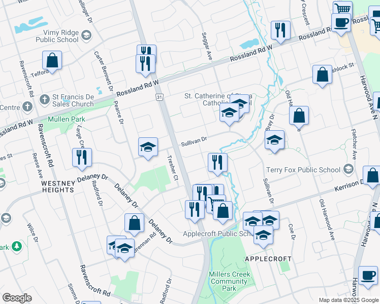 map of restaurants, bars, coffee shops, grocery stores, and more near 8 Blake Court in Ajax