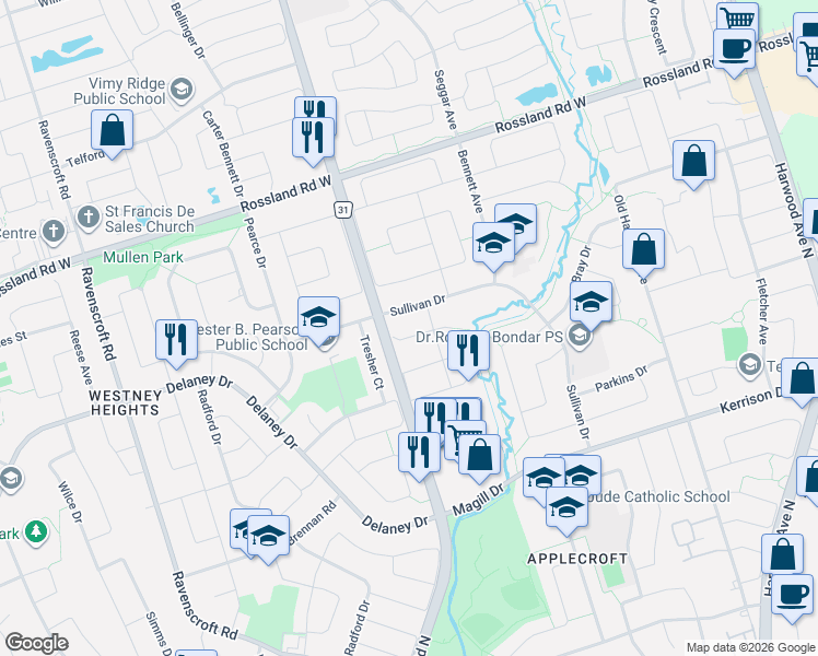 map of restaurants, bars, coffee shops, grocery stores, and more near 8 Blake Court in Ajax