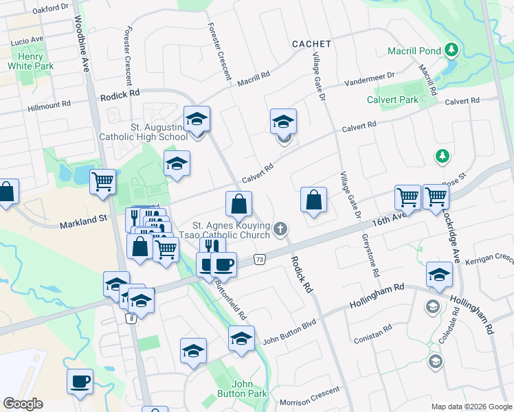 map of restaurants, bars, coffee shops, grocery stores, and more near 2147 Rodick Road in Markham