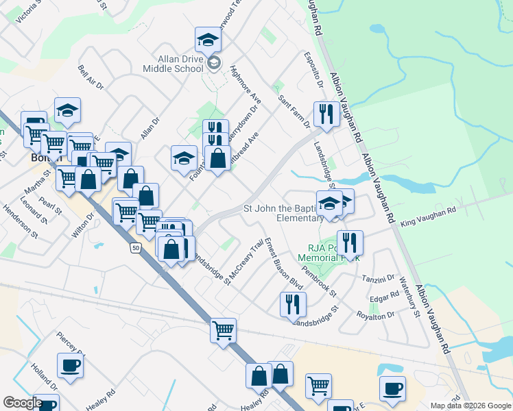 map of restaurants, bars, coffee shops, grocery stores, and more near 8 Richelieu Court in Bolton