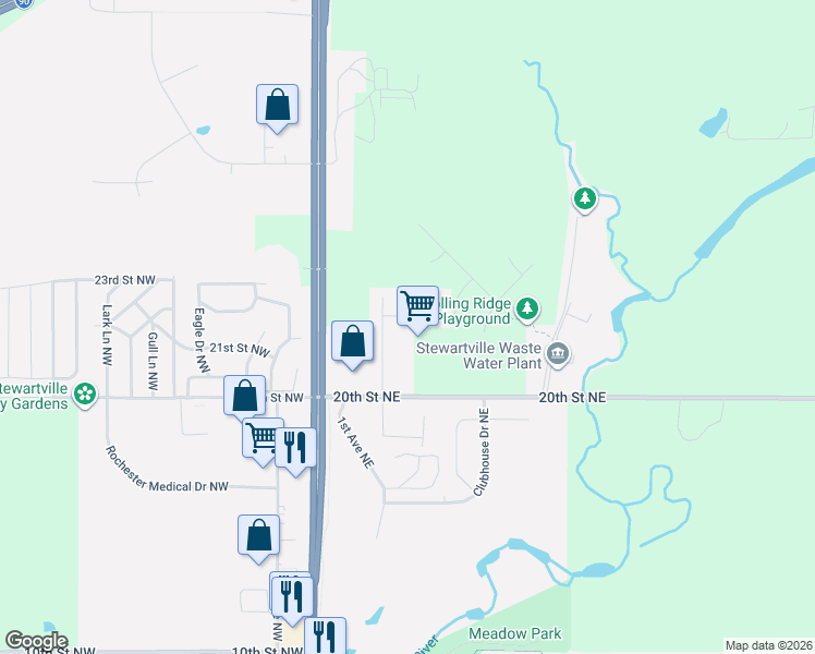 map of restaurants, bars, coffee shops, grocery stores, and more near 200 Luella Place Northeast in Stewartville