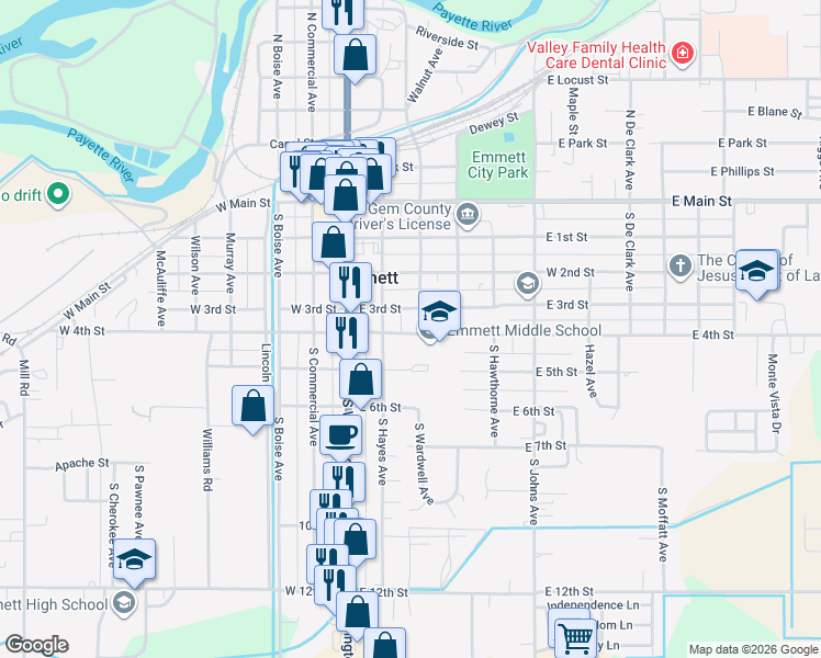 map of restaurants, bars, coffee shops, grocery stores, and more near 411 South Wardwell Avenue in Emmett