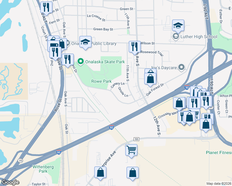 map of restaurants, bars, coffee shops, grocery stores, and more near 1005 Oak Forest Drive in Onalaska