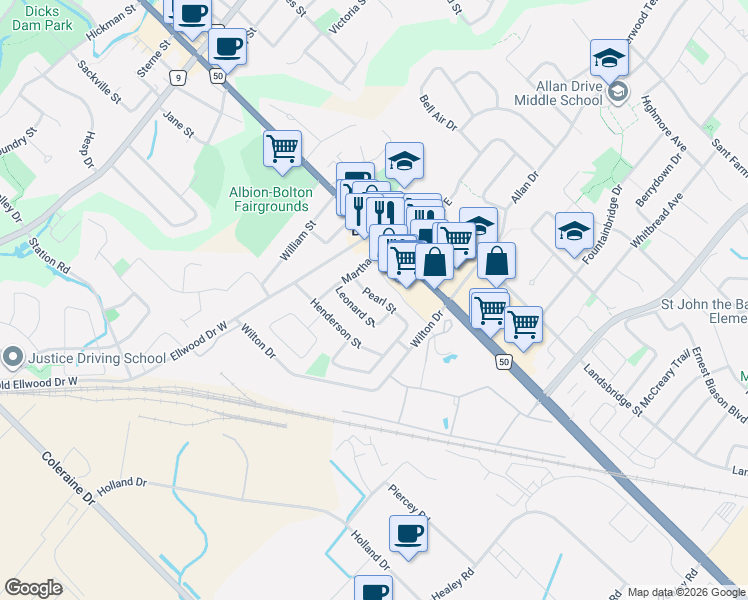map of restaurants, bars, coffee shops, grocery stores, and more near 320 Pearl Street in Bolton