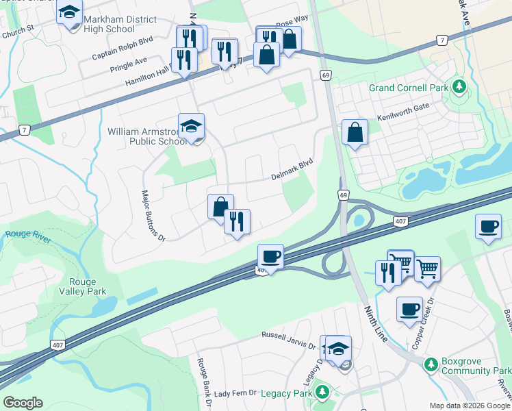 map of restaurants, bars, coffee shops, grocery stores, and more near 35 Radford Crescent in Markham