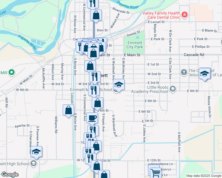map of restaurants, bars, coffee shops, grocery stores, and more near 411 South Wardwell Avenue in Emmett