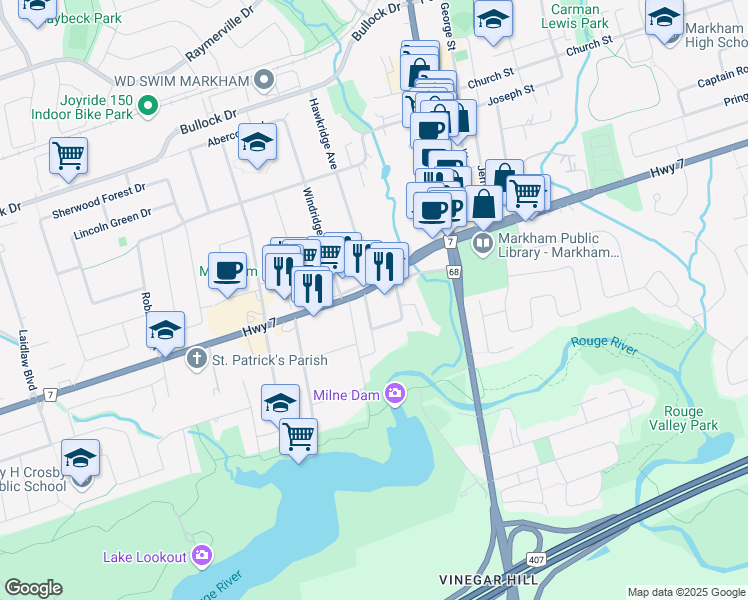 map of restaurants, bars, coffee shops, grocery stores, and more near 5863 Highway 7 in Markham