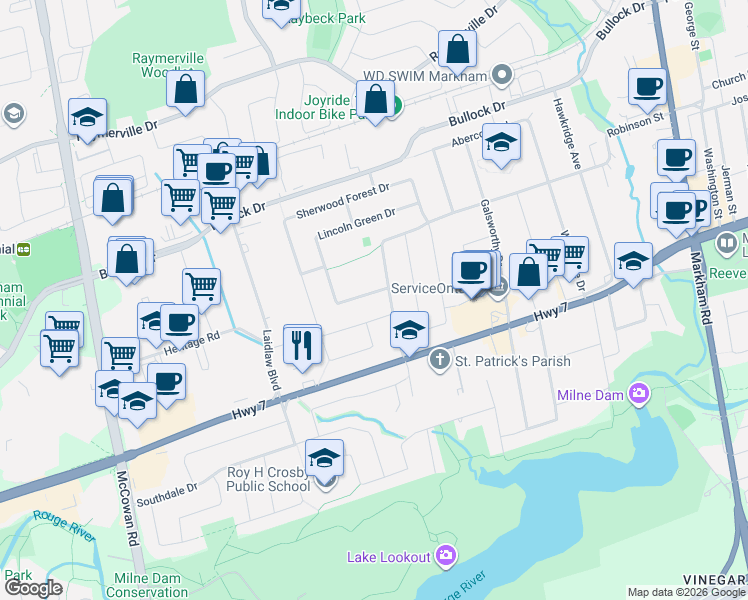 map of restaurants, bars, coffee shops, grocery stores, and more near 6 Lincoln Green Drive in Markham