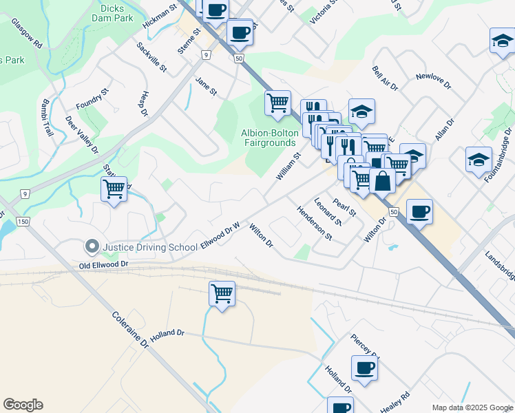 map of restaurants, bars, coffee shops, grocery stores, and more near 149 Ellwood Drive West in Bolton