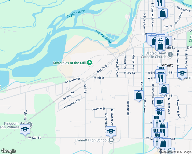 map of restaurants, bars, coffee shops, grocery stores, and more near 835 West Main Street in Emmett