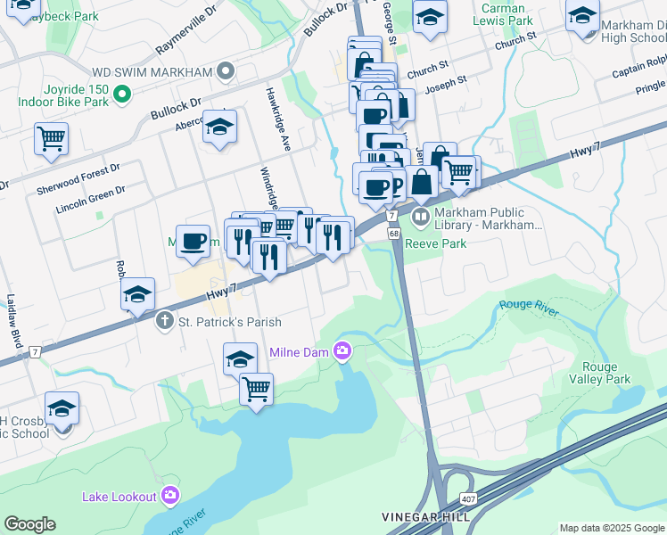 map of restaurants, bars, coffee shops, grocery stores, and more near 5863 Highway 7 in Markham