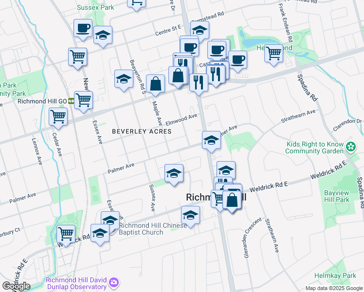 map of restaurants, bars, coffee shops, grocery stores, and more near 427 Palmer Avenue in Richmond Hill