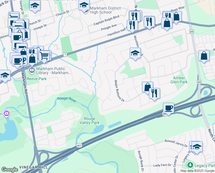 map of restaurants, bars, coffee shops, grocery stores, and more near 40 Squire Bakers Lane in Markham