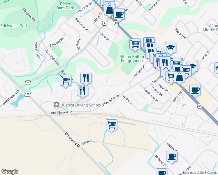 map of restaurants, bars, coffee shops, grocery stores, and more near 184 Ridge Road in Bolton