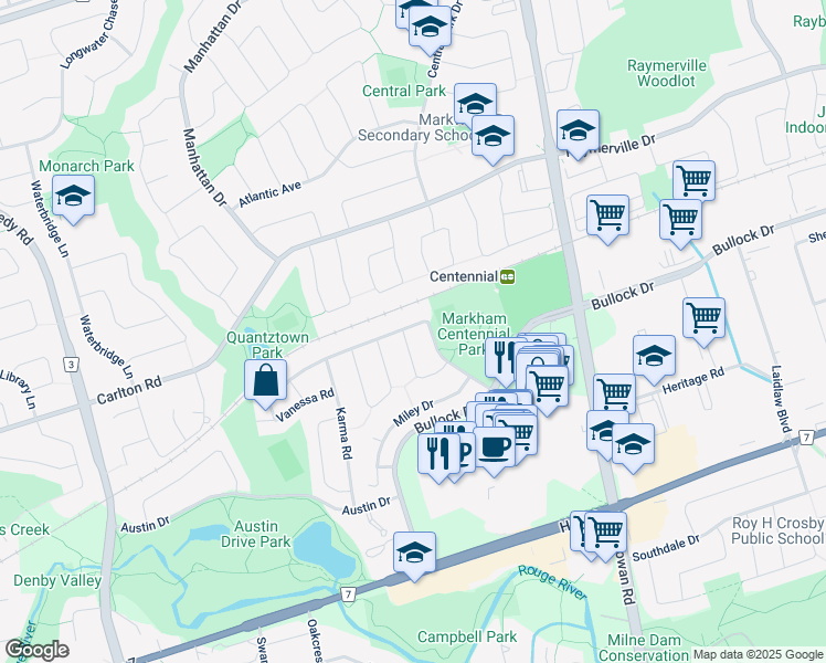 map of restaurants, bars, coffee shops, grocery stores, and more near 63 Marlow Crescent in Markham