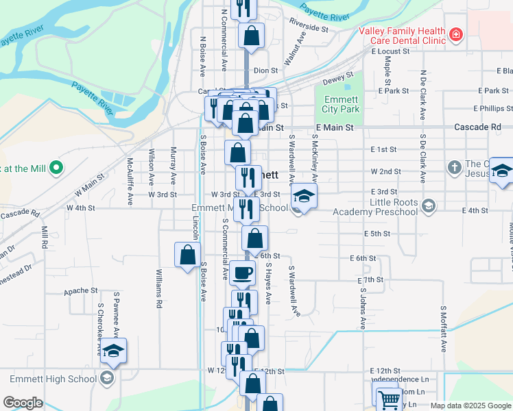 map of restaurants, bars, coffee shops, grocery stores, and more near 4 South Hayes Avenue in Emmett