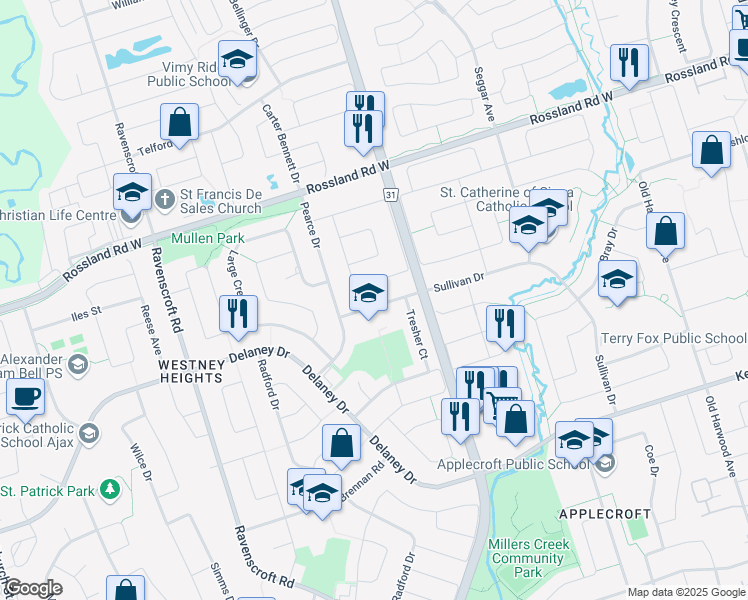 map of restaurants, bars, coffee shops, grocery stores, and more near in Ajax
